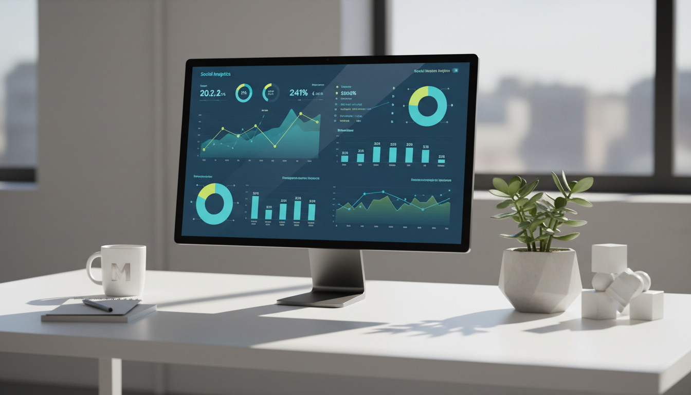 A sleek computer monitor on a contemporary white desk displays a visually engaging social media analytics dashboard full of vibrant charts and graphs in blue, green, and yellow. The workspace is organized with a subtle touch of modern branding, featuring a small notepad, minimalist geometric decor, and a potted jade succulent nearby. Natural afternoon light floods in from a nearby window, casting crisp, clean shadows and illuminating the monitor's glossy screen. The mood feels professional yet fresh and approachable, embodying a sense of digital innovation. Shot from a slightly elevated eye-level angle with sharp focus and a clean, modern styling that aligns perfectly with a marketing agency's image.