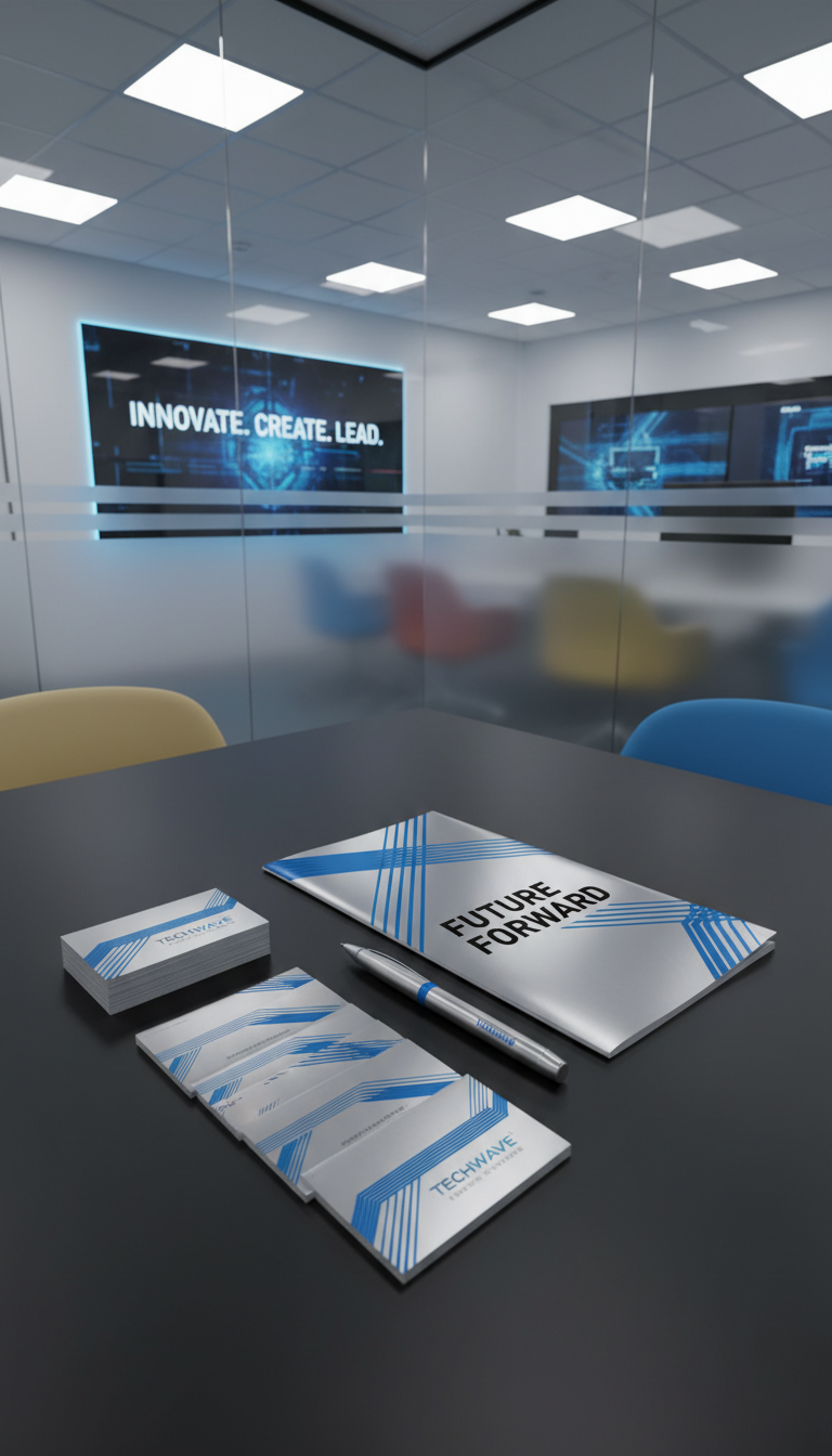 A collection of sleek, color-coordinated marketing materials laid out on a matte black tabletop, including elegantly designed business cards, a folded glossy campaign brochure, and a branded pen. Subtle hints of metallic silver and electric blue highlight the designs, lending a high-tech sophistication. The table is set in a spacious, vibrant office corner with a frosted glass partition and digitally backlit signage softly glowing in the background. Overhead LED panels provide bright, homogeneous light, rendering every texture and material crisply. The scene conveys a dynamic, energetic vibe, captured from a wide-angle perspective emphasizing the abundance and quality of resources, in a clean, minimalist, and modern aesthetic.